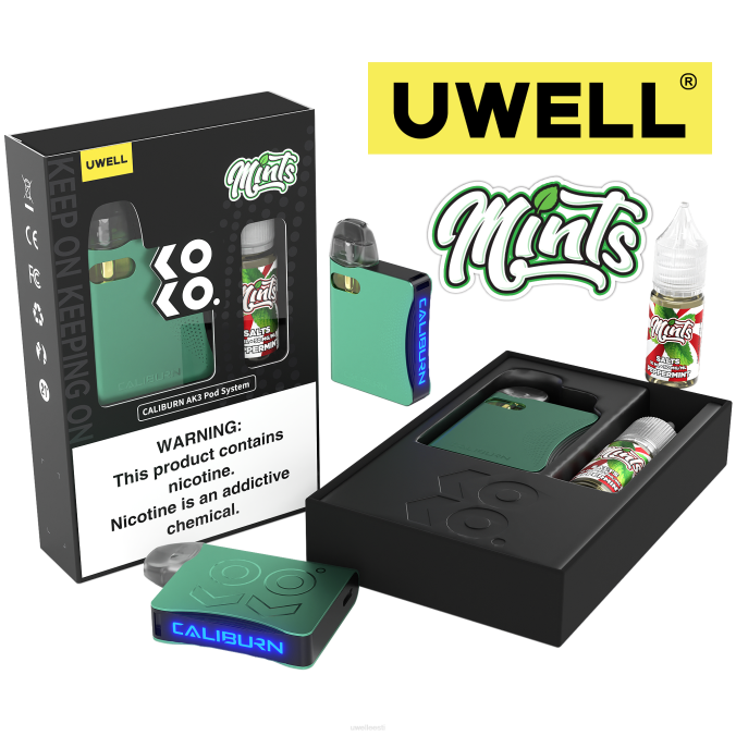 UWELL Eesti - UWELL CALIBURN AK3 komplekt + a3s 0,8oomi kaunad (x2) + isaaur 10ml soolad 50mg crl: tsüaan/flv: piparmünt 50 mg N44R242