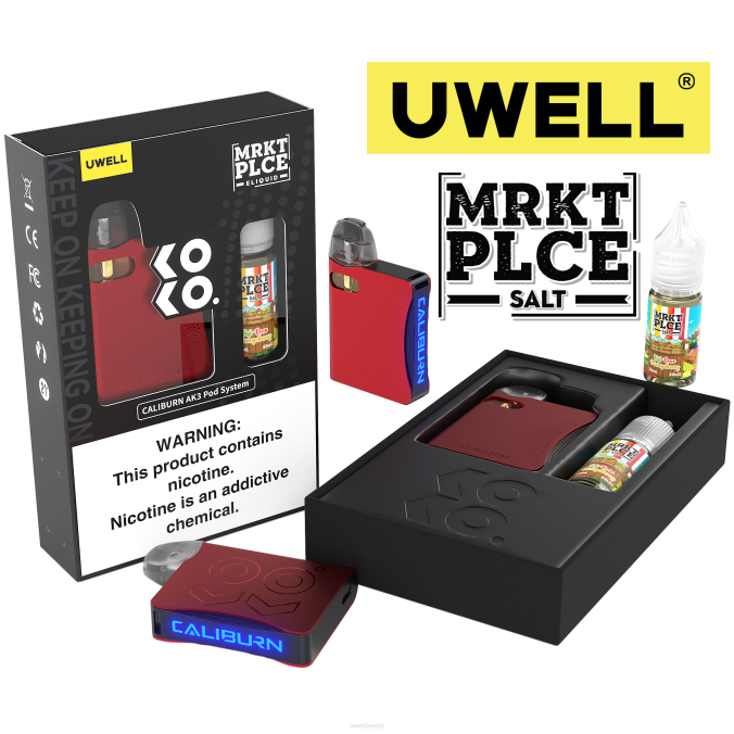 UWELL best vape - UWELL CALIBURN AK3 komplekt + a3s 0,8oomi kaunad (x2) + isaaur 10ml soolad 50mg crl: hall/flv: hapukas arbuus maasikas 50mg N44R240